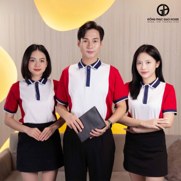 Đồng phục công ty màu trắng phối sườn đỏ tươi