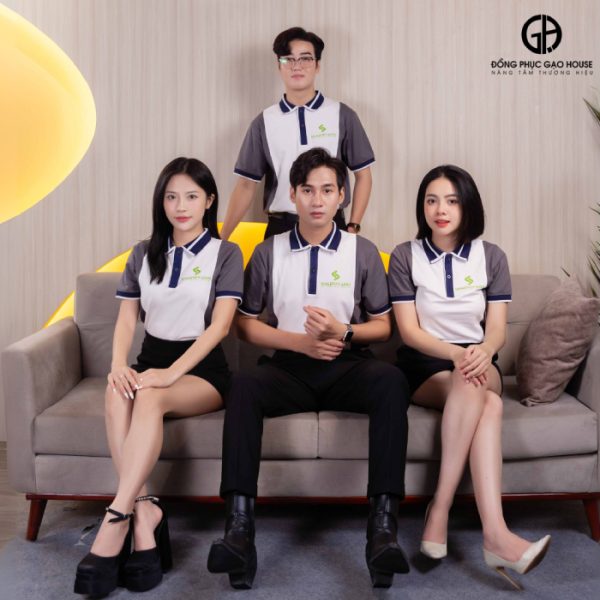 Đồng phục công ty màu trắng phối sườn màu xám kim