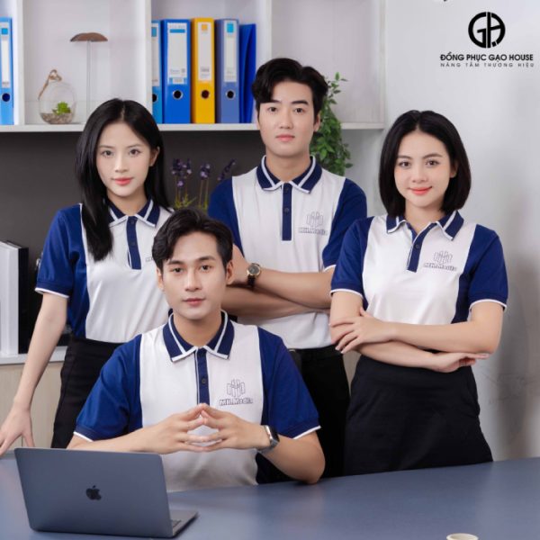 Đồng phục công ty màu trắng phối sườn màu tím than