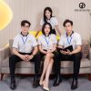 Đồng phục công ty màu trắng phối cổ bo dệt
