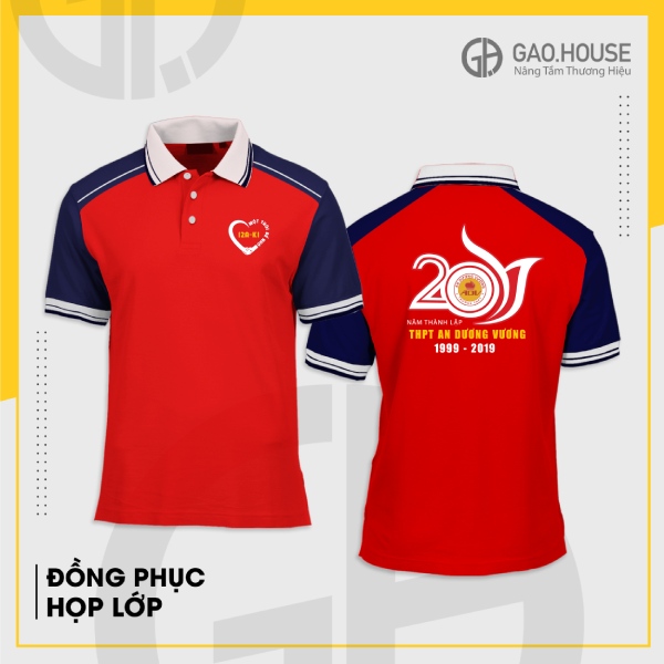 Đồng phục họp lớp màu đỏ phối cầu vai xanh tím than