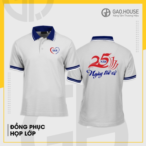 Đồng phục họp lớp màu trắng phối cổ xanh dương