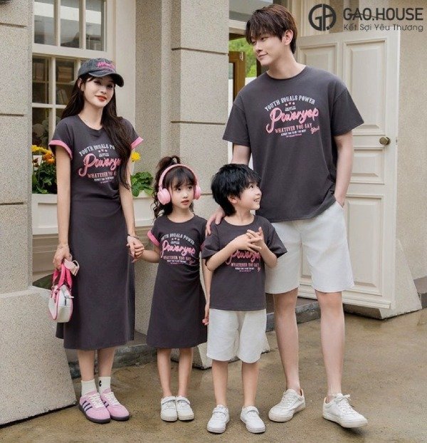 Áo váy gia đình dáng suông phối line hồng