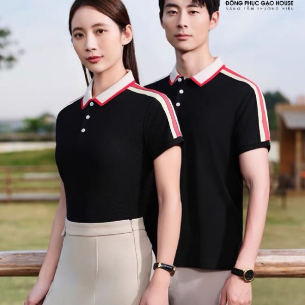 Áo công sở màu đen phối bo cổ trắng line đỏ cao cấp