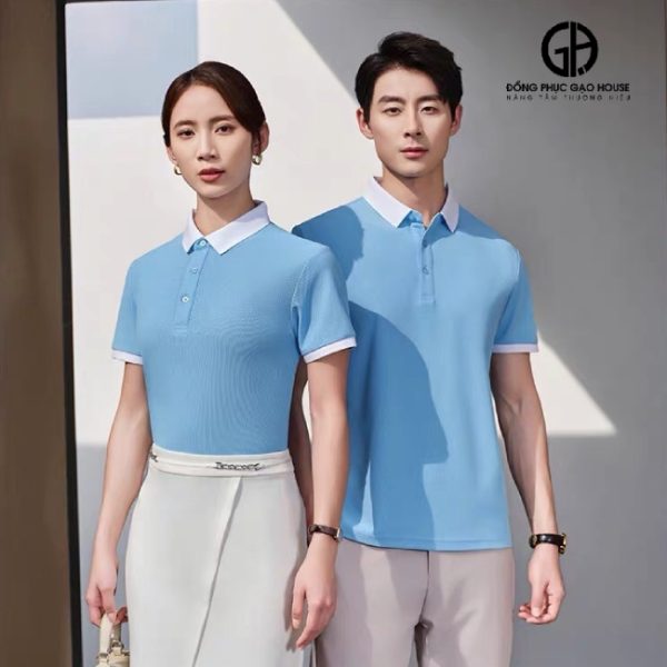 Áo thun đồng phục công ty màu xanh biển phối bo trắng