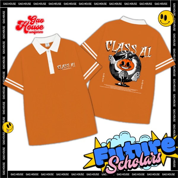 Áo lớp cổ bẻ màu cam in hình cực chất