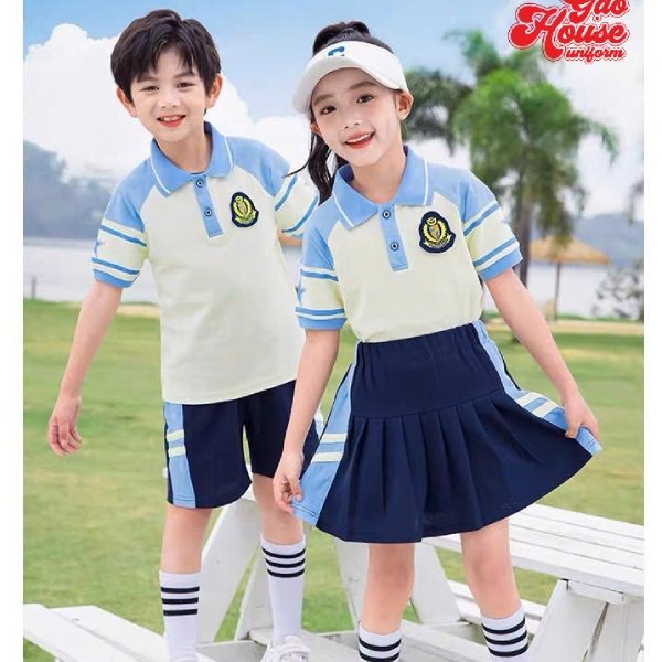 Đồng phục mầm non màu be phối xanh dương