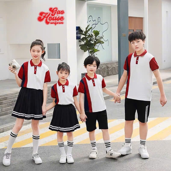 Đồng phục học sinh màu trắng phối thân đỏ tươi