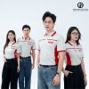 Áo thun đồng phục công ty Colgate màu trắng phối sọc đỏ