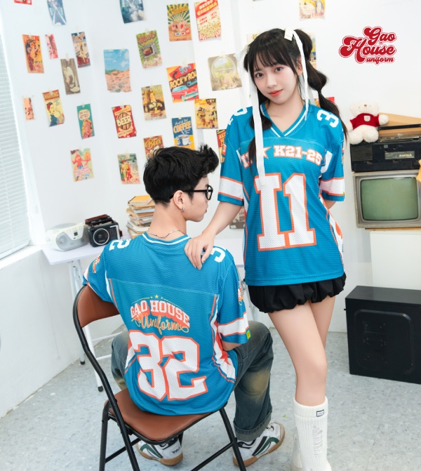 áo lớp 3d cổ v màu xanh dương