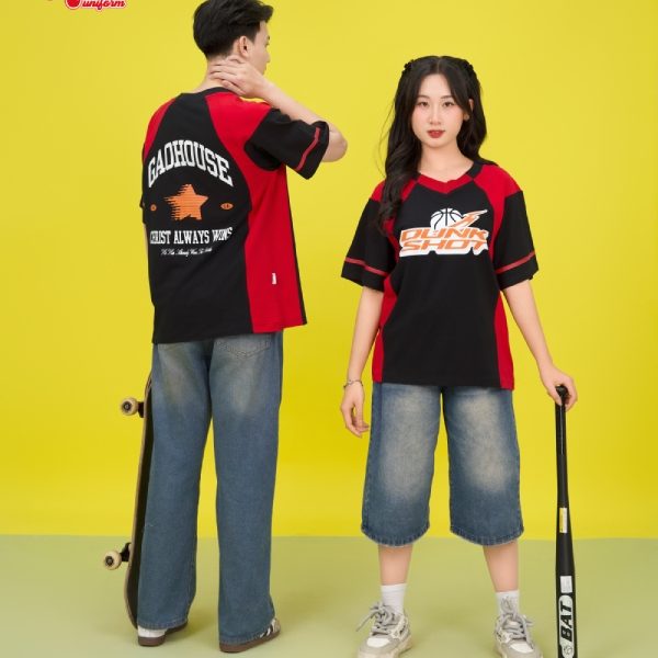 áo đồng phục lớp cổ V đỏ phối đen