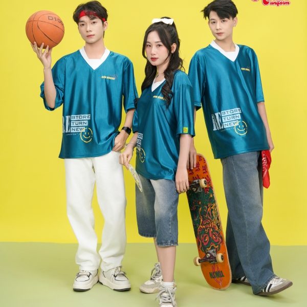 áo đồng phục lớp cổ V xanh bóng