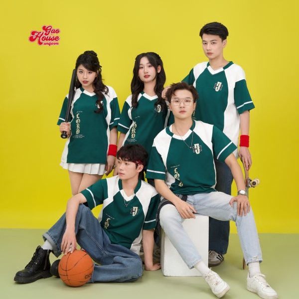 mẫu áo đồng phục lớp xanh phối trắng