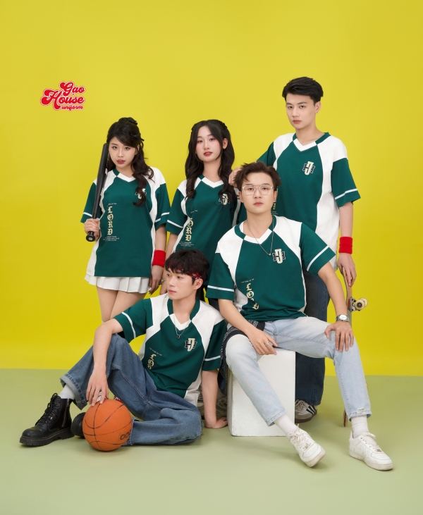 mẫu áo đồng phục lớp xanh phối trắng