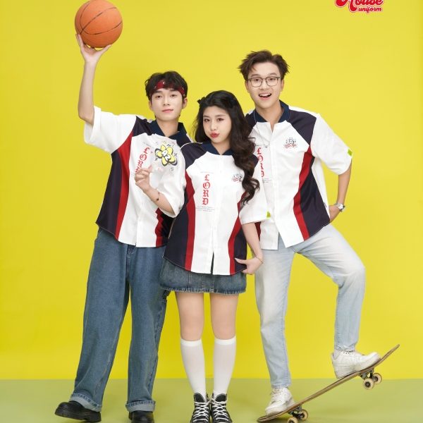 áo lớp sơ mi tím than phối đỏ