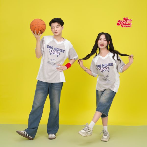 mẫu áo đồng phục lớp line up trắng phối xám