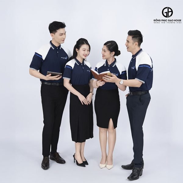 áo polo đồng phục công ty màu xanh phối cầu vai trắng