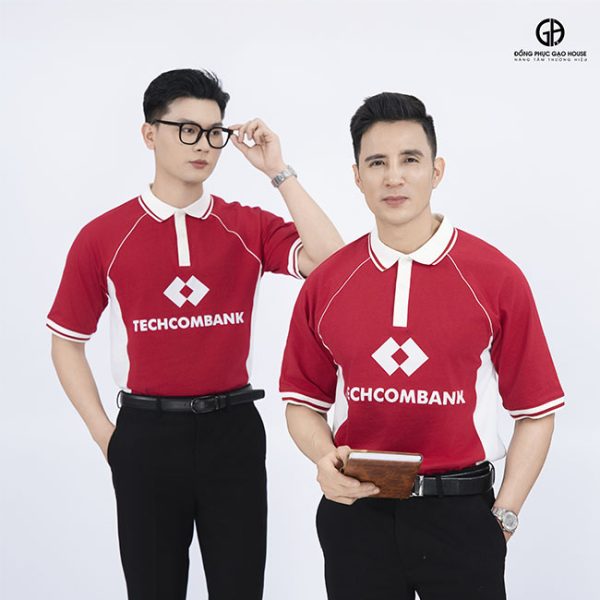 đồng phục công ty màu đỏ phối sườn trắng