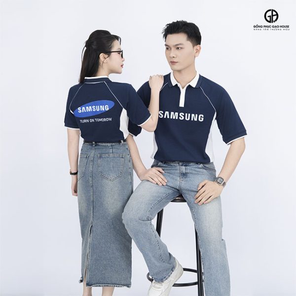 đồng phục công ty samsung màu xanh phối sườn trắng