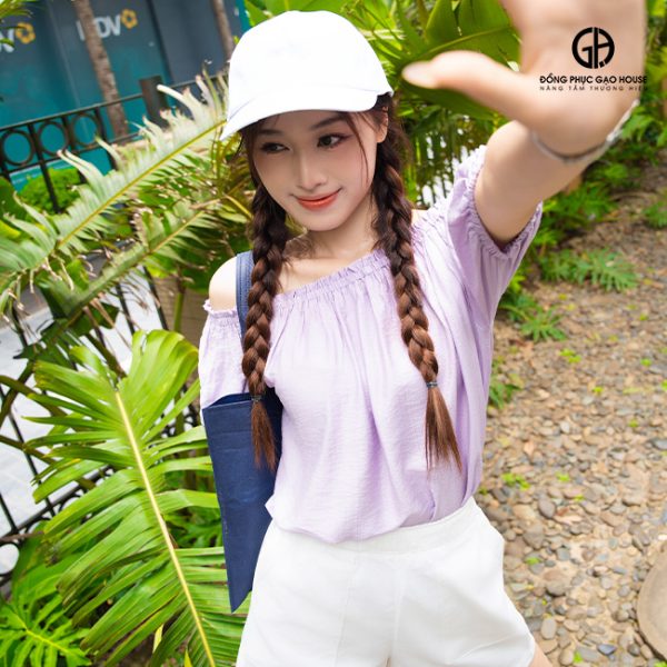 Áo nhóm trễ vai chất đũi mát, tone tím dịu dàng