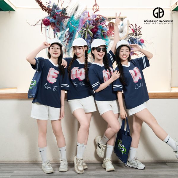 Set đồng phục nhóm nữ bo viền thể thao màu xanh navy