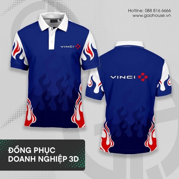 áo polo đồng phục doanh nghiệp 3d màu xanh navy họa tiết lửa
