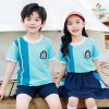 áo đồng phục mầm non màu xanh phối cổ tròn trắng
