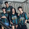 áo lớp 3d màu xanh sọc đen cổ v
