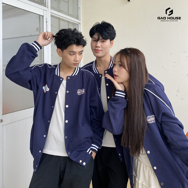 áo lớp bomber màu xanh than phối cổ sọc trắng