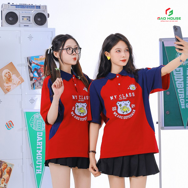 áo lớp polo màu đỏ phối sườn xanh
