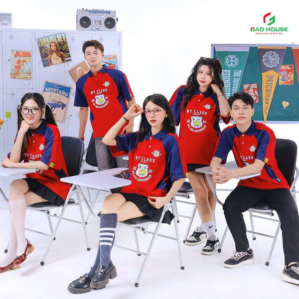 áo lớp polo màu đỏ phối sườn xanh