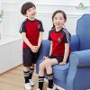 áo phông đồng phục mầm non màu đỏ phối cổ tròn xanh