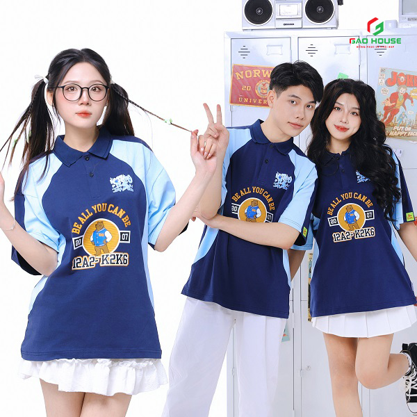 áo polo đồng phục lớp màu xanh than phối xanh navy