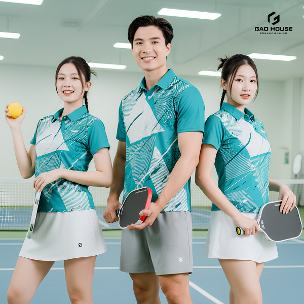 áo polo đồng phục pickleball 3d màu xanh phối trắng