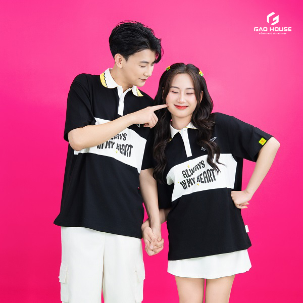 áo polo lớp màu đen allways in my heart phối trắng
