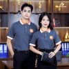 đồng ph ục công ty màu xanh phối cổ bẻ trắng cam