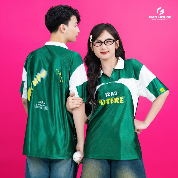đồng phục lớp màu xanh lá line up phối cổ màu trắng