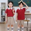 đồng phục mầm non màu đỏ phối cổ bẻ trắng