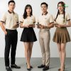 đồng phục nhà hàng màu be phối cổ nâu