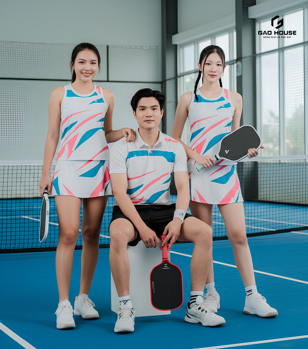 đồng phục pickleball 3d màu trắng xanh hồng