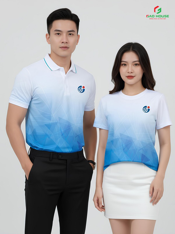 áo đồng phục 3d cổ bẻ màu trắng xanh