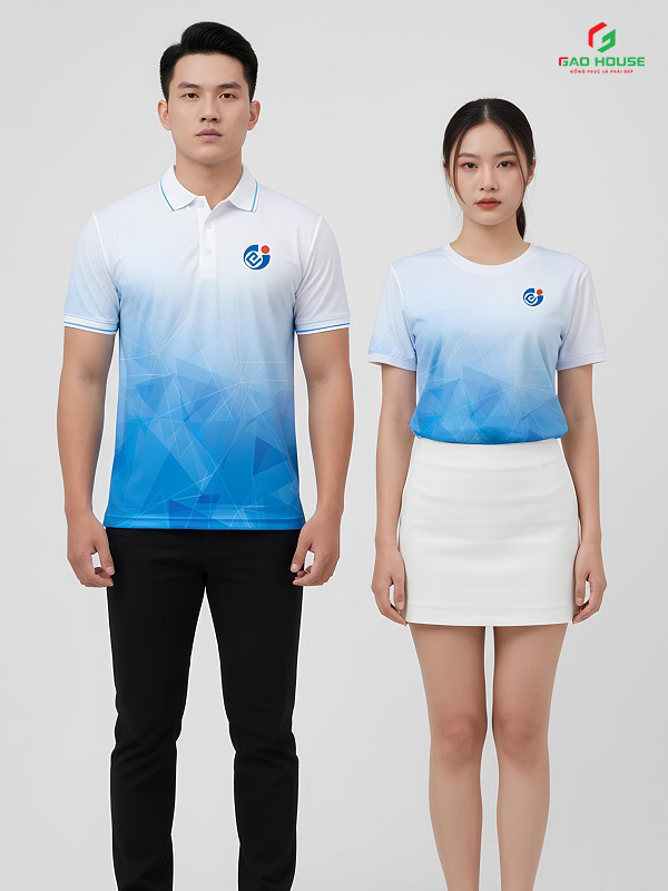 áo đồng phục 3d cổ bẻ màu trắng xanh