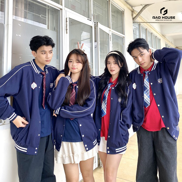 áo khoác đồng phục bomber lớp màu xanh dương