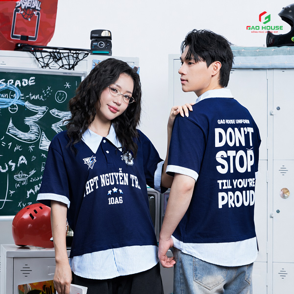 áo lớp xanh than polo phối sơ mi