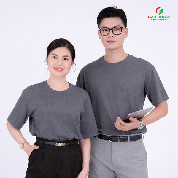 Áo phông đồng phục màu xám cổ tròn