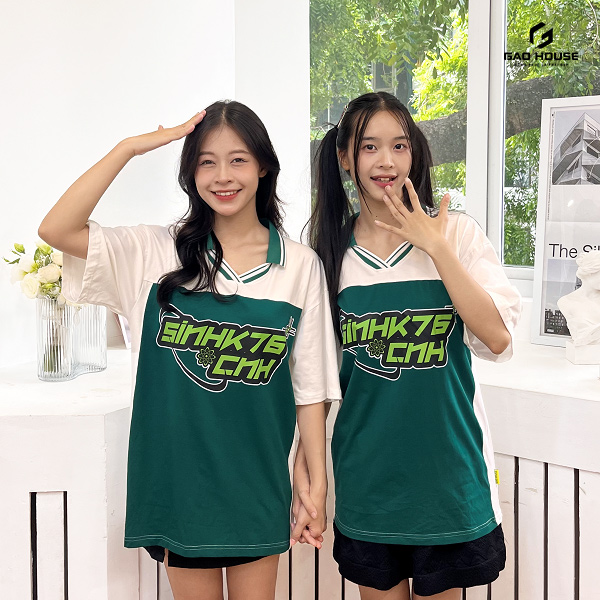 đồng phục lớp xanh lá cây phối trắng cổ trụ v
