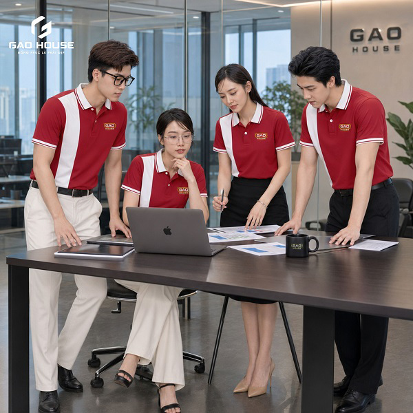 áo đồng phục màu đỏ đô phối sườn trắng