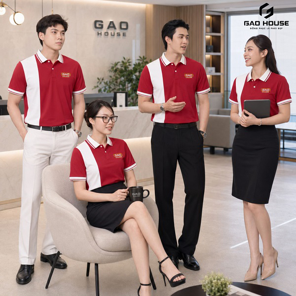 áo đồng phục màu đỏ đô phối sườn trắng