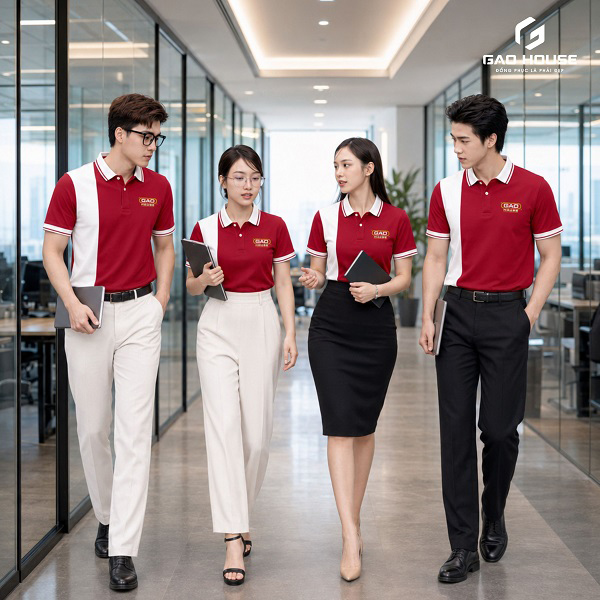 áo đồng phục màu đỏ đô phối sườn trắng