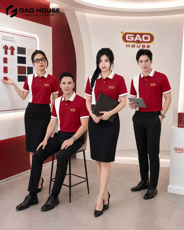 áo đồng phục màu đỏ đô phối sườn trắng